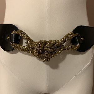 Vintage Beaded Belt Black Leather & Gold Hardware elastic-sz S